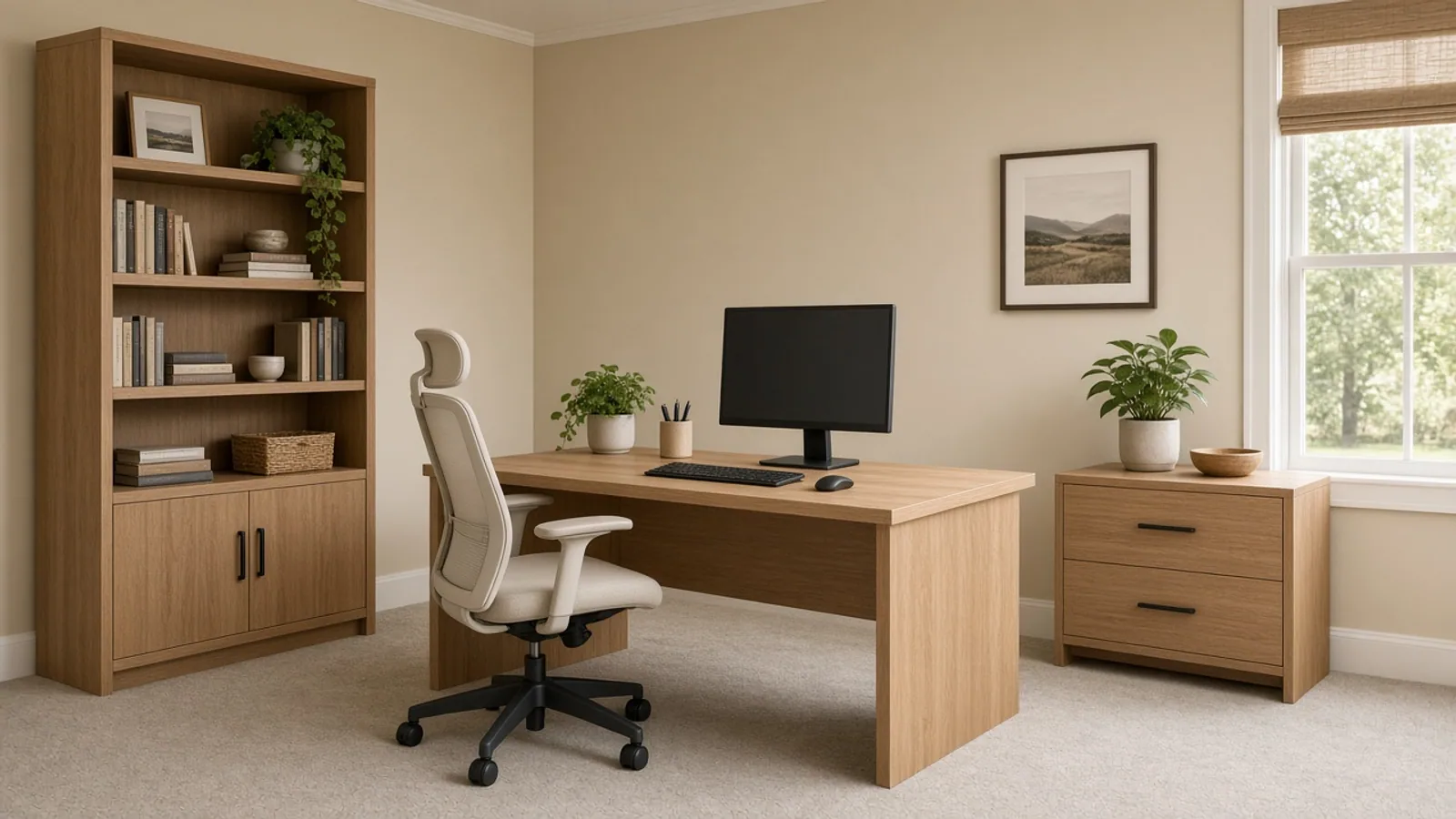 Finished home office with a wooden desk, chair, and bookcase