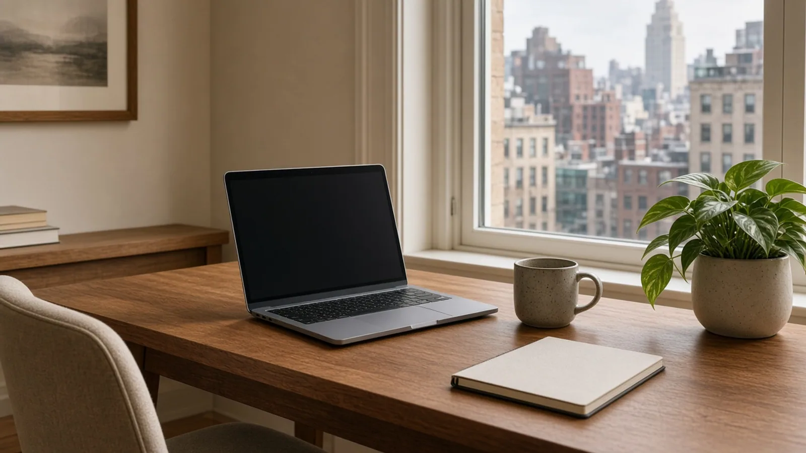 Desk by a window with a laptop and notebook in a New York apartment