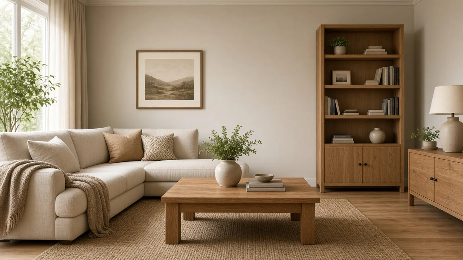 Assembled living-room furniture in a calm American home