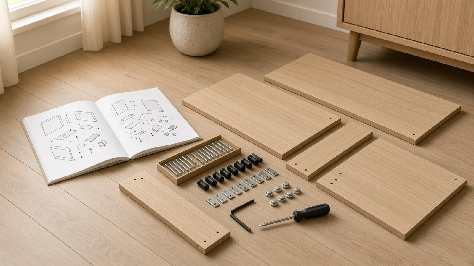 Furniture parts, hardware, and assembly instructions