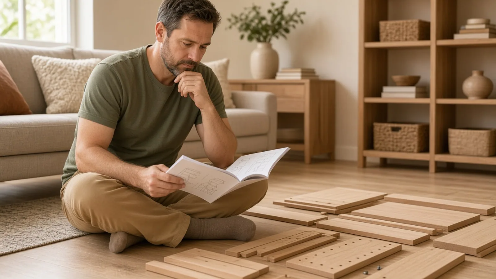 Assembler reviewing furniture parts and instructions